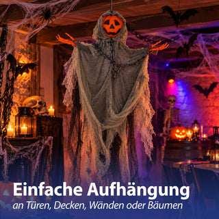 Kürbismonster zum Aufhängen 55x85x12cm PE Polyester orange schwarz Halloween Dekofigur mit Kürbiskopf im Fetzengewand Knochenhände Kette Gruselparty