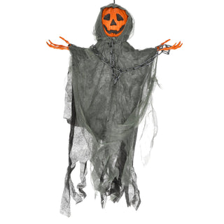 Kürbismonster zum Aufhängen 55x85x12cm PE Polyester orange schwarz Halloween Dekofigur mit Kürbiskopf im Fetzengewand Knochenhände Kette Gruselparty