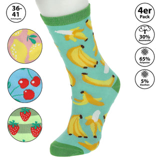 Damensocken Fruits 4er Pack onesize 36-41 bunt Polyester Baumwolle Elasthan 4 Motive Strümpfe Socken Frauensocken