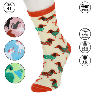 Damensocken Animals 4er Pack onesize 36-41 bunt Polyester Baumwolle Elasthan 4 Motive Strümpfe Socken Frauensocken