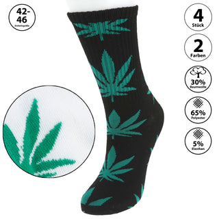 Herrensocken Cannabis 4er Pack onesize 42-46 weiß schwarz Polyester Baumwolle Elasthan Strümpfe Motivsocken Herrenstrümpfe