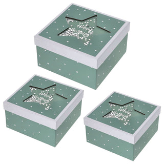 Boxenset 'Happy Birthday' 3er Set Glitzer Sichtfenster 3 Größen quadratisch grün Papier 900gsm Schachteln Sternmotiv Deckel Geschenkboxen
