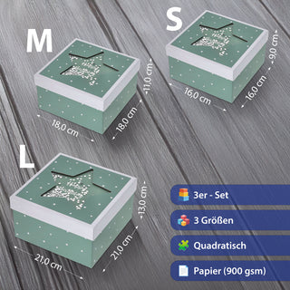 Boxenset 'Happy Birthday' 3er Set Glitzer Sichtfenster 3 Größen quadratisch grün Papier 900gsm Schachteln Sternmotiv Deckel Geschenkboxen