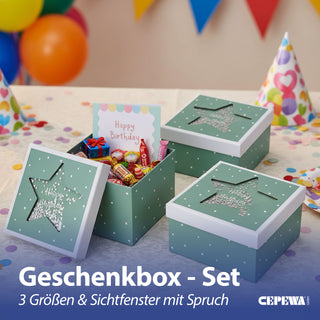 Boxenset 'Happy Birthday' 3er Set Glitzer Sichtfenster 3 Größen quadratisch grün Papier 900gsm Schachteln Sternmotiv Deckel Geschenkboxen