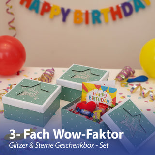 Boxenset 'Happy Birthday' 3er Set Glitzer Sichtfenster 3 Größen quadratisch grün Papier 900gsm Schachteln Sternmotiv Deckel Geschenkboxen