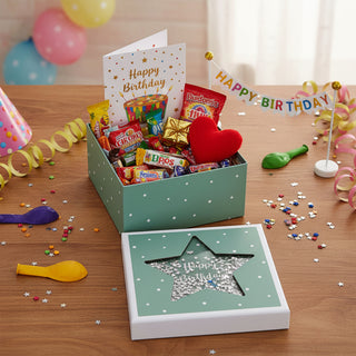 Boxenset 'Happy Birthday' 3er Set Glitzer Sichtfenster 3 Größen quadratisch grün Papier 900gsm Schachteln Sternmotiv Deckel Geschenkboxen