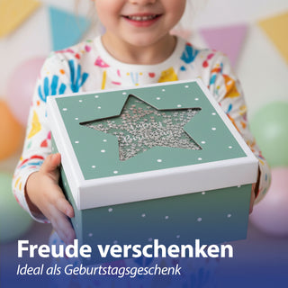 Boxenset 'Happy Birthday' 3er Set Glitzer Sichtfenster 3 Größen quadratisch grün Papier 900gsm Schachteln Sternmotiv Deckel Geschenkboxen