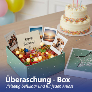 Boxenset 'Happy Birthday' 3er Set Glitzer Sichtfenster 3 Größen quadratisch grün Papier 900gsm Schachteln Sternmotiv Deckel Geschenkboxen