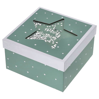 Boxenset 'Happy Birthday' 3er Set Glitzer Sichtfenster 3 Größen quadratisch grün Papier 900gsm Schachteln Sternmotiv Deckel Geschenkboxen