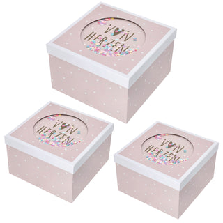 Boxenset 'Von Herzen' 3er Set Glitzer Sichtfenster 3 Größen quadratisch rosa Papier 900gsm Schachteln Kreismotiv Deckel Geschenkboxen