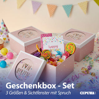 Boxenset 'Von Herzen' 3er Set Glitzer Sichtfenster 3 Größen quadratisch rosa Papier 900gsm Schachteln Kreismotiv Deckel Geschenkboxen