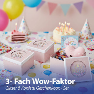 Boxenset 'Von Herzen' 3er Set Glitzer Sichtfenster 3 Größen quadratisch rosa Papier 900gsm Schachteln Kreismotiv Deckel Geschenkboxen