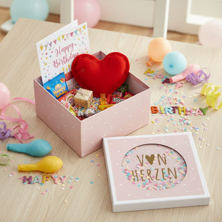 Boxenset 'Von Herzen' 3er Set Glitzer Sichtfenster 3 Größen quadratisch rosa Papier 900gsm Schachteln Kreismotiv Deckel Geschenkboxen