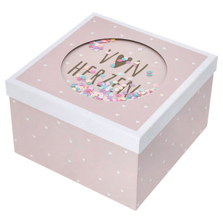 Boxenset 'Von Herzen' 3er Set Glitzer Sichtfenster 3 Größen quadratisch rosa Papier 900gsm Schachteln Kreismotiv Deckel Geschenkboxen