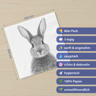 Servietten 'Hase' 80er Set 33x33cm 3-lagig Papierserviette weiß grau Hasenmotiv für Ostern stoffähnlich Tuch Tischdeko