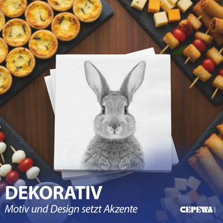 Servietten 'Hase' 80er Set 33x33cm 3-lagig Papierserviette weiß grau Hasenmotiv für Ostern stoffähnlich Tuch Tischdeko