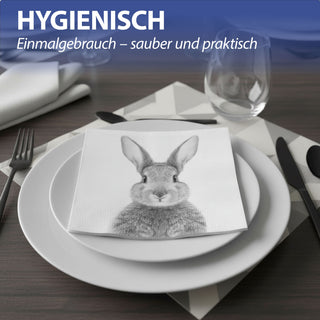 Servietten 'Hase' 80er Set 33x33cm 3-lagig Papierserviette weiß grau Hasenmotiv für Ostern stoffähnlich Tuch Tischdeko