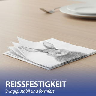 Servietten 'Hase' 80er Set 33x33cm 3-lagig Papierserviette weiß grau Hasenmotiv für Ostern stoffähnlich Tuch Tischdeko