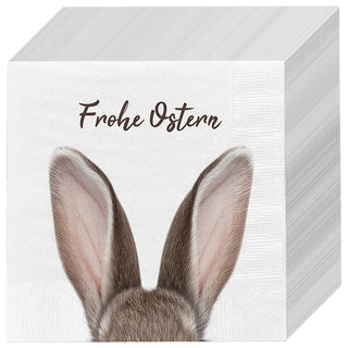 Servietten 'Frohe Ostern' mit Hasenohren 80er Set 33x33cm 3-lagig Papierserviette weiß braun Hasenmotiv für Ostern stoffähnlich Tuch Tischdeko