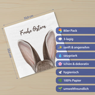 Servietten 'Frohe Ostern' mit Hasenohren 80er Set 33x33cm 3-lagig Papierserviette weiß braun Hasenmotiv für Ostern stoffähnlich Tuch Tischdeko