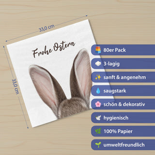 Servietten 'Frohe Ostern' mit Hasenohren 80er Set 33x33cm 3-lagig Papierserviette weiß braun Hasenmotiv für Ostern stoffähnlich Tuch Tischdeko