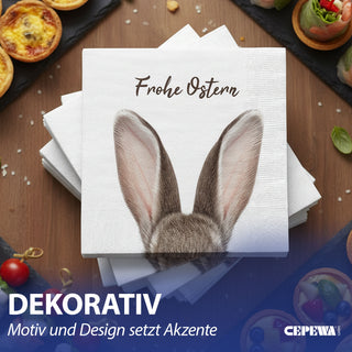 Servietten 'Frohe Ostern' mit Hasenohren 80er Set 33x33cm 3-lagig Papierserviette weiß braun Hasenmotiv für Ostern stoffähnlich Tuch Tischdeko