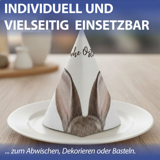 Servietten 'Frohe Ostern' mit Hasenohren 80er Set 33x33cm 3-lagig Papierserviette weiß braun Hasenmotiv für Ostern stoffähnlich Tuch Tischdeko
