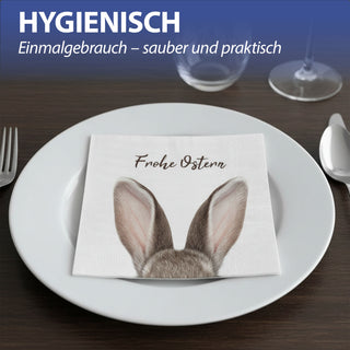 Servietten 'Frohe Ostern' mit Hasenohren 80er Set 33x33cm 3-lagig Papierserviette weiß braun Hasenmotiv für Ostern stoffähnlich Tuch Tischdeko