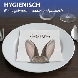 Servietten 'Frohe Ostern' mit Hasenohren 80er Set 33x33cm 3-lagig Papierserviette weiß braun Hasenmotiv für Ostern stoffähnlich Tuch Tischdeko