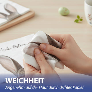 Servietten 'Frohe Ostern' mit Hasenohren 80er Set 33x33cm 3-lagig Papierserviette weiß braun Hasenmotiv für Ostern stoffähnlich Tuch Tischdeko