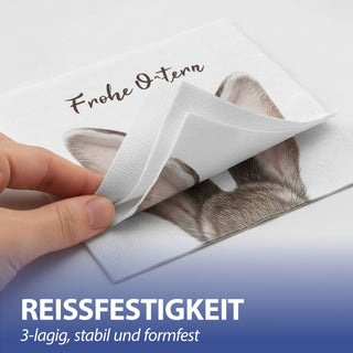 Servietten 'Frohe Ostern' mit Hasenohren 80er Set 33x33cm 3-lagig Papierserviette weiß braun Hasenmotiv für Ostern stoffähnlich Tuch Tischdeko