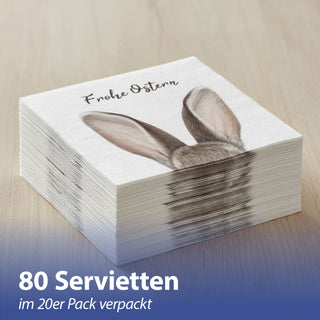 Servietten 'Frohe Ostern' mit Hasenohren 80er Set 33x33cm 3-lagig Papierserviette weiß braun Hasenmotiv für Ostern stoffähnlich Tuch Tischdeko