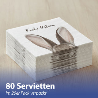 Servietten 'Frohe Ostern' mit Hasenohren 80er Set 33x33cm 3-lagig Papierserviette weiß braun Hasenmotiv für Ostern stoffähnlich Tuch Tischdeko