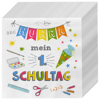 Servietten 'Hurra Schule' 80er Set 33x33cm 3-lagig Papierserviette Mein 1. Schultag Schultüte Schere Lineal Farbkasten Stifte stoffähnlich Tuch Tischdeko