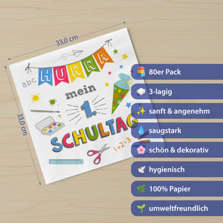 Servietten 'Hurra Schule' 80er Set 33x33cm 3-lagig Papierserviette Mein 1. Schultag Schultüte Schere Lineal Farbkasten Stifte stoffähnlich Tuch Tischdeko