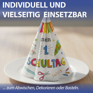 Servietten 'Hurra Schule' 80er Set 33x33cm 3-lagig Papierserviette Mein 1. Schultag Schultüte Schere Lineal Farbkasten Stifte stoffähnlich Tuch Tischdeko