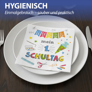 Servietten 'Hurra Schule' 80er Set 33x33cm 3-lagig Papierserviette Mein 1. Schultag Schultüte Schere Lineal Farbkasten Stifte stoffähnlich Tuch Tischdeko