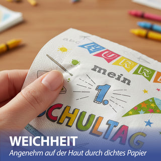 Servietten 'Hurra Schule' 80er Set 33x33cm 3-lagig Papierserviette Mein 1. Schultag Schultüte Schere Lineal Farbkasten Stifte stoffähnlich Tuch Tischdeko
