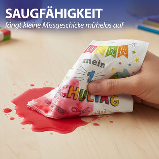 Servietten 'Hurra Schule' 80er Set 33x33cm 3-lagig Papierserviette Mein 1. Schultag Schultüte Schere Lineal Farbkasten Stifte stoffähnlich Tuch Tischdeko