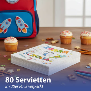 Servietten 'Hurra Schule' 80er Set 33x33cm 3-lagig Papierserviette Mein 1. Schultag Schultüte Schere Lineal Farbkasten Stifte stoffähnlich Tuch Tischdeko