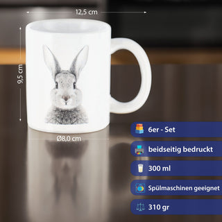 Kaffeebecher 'Hase' 6er Set 300 ml Steinzeug 12,5x9,5x8cm weiß Henkeltasse Tasse Becher Aufdruck Tiermotiv Osterdeko