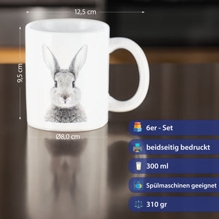 Kaffeebecher 'Hase' 6er Set 300 ml Steinzeug 12,5x9,5x8cm weiß Henkeltasse Tasse Becher Aufdruck Tiermotiv Osterdeko