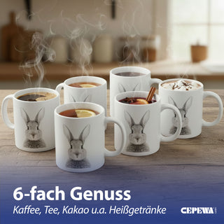 Kaffeebecher 'Hase' 6er Set 300 ml Steinzeug 12,5x9,5x8cm weiß Henkeltasse Tasse Becher Aufdruck Tiermotiv Osterdeko