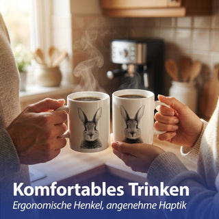 Kaffeebecher 'Hase' 6er Set 300 ml Steinzeug 12,5x9,5x8cm weiß Henkeltasse Tasse Becher Aufdruck Tiermotiv Osterdeko