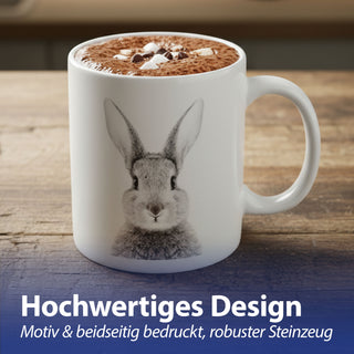 Kaffeebecher 'Hase' 6er Set 300 ml Steinzeug 12,5x9,5x8cm weiß Henkeltasse Tasse Becher Aufdruck Tiermotiv Osterdeko