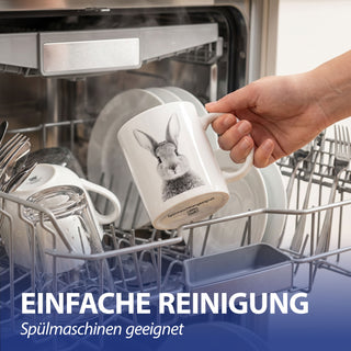 Kaffeebecher 'Hase' 6er Set 300 ml Steinzeug 12,5x9,5x8cm weiß Henkeltasse Tasse Becher Aufdruck Tiermotiv Osterdeko