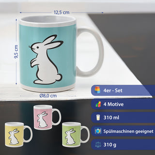 Kaffeebecher 'Bunny' 4er Set 300 ml Steinzeug 12,5x9,5x8cm weiß grün pink gelb türkis Henkeltasse Tasse Becher Aufdruck Hasensilhouette Osterdeko
