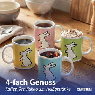 Kaffeebecher 'Bunny' 4er Set 300 ml Steinzeug 12,5x9,5x8cm weiß grün pink gelb türkis Henkeltasse Tasse Becher Aufdruck Hasensilhouette Osterdeko