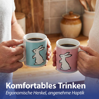 Kaffeebecher 'Bunny' 4er Set 300 ml Steinzeug 12,5x9,5x8cm weiß grün pink gelb türkis Henkeltasse Tasse Becher Aufdruck Hasensilhouette Osterdeko