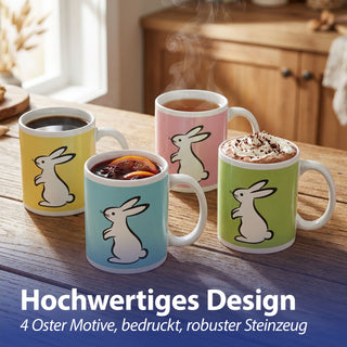 Kaffeebecher 'Bunny' 4er Set 300 ml Steinzeug 12,5x9,5x8cm weiß grün pink gelb türkis Henkeltasse Tasse Becher Aufdruck Hasensilhouette Osterdeko